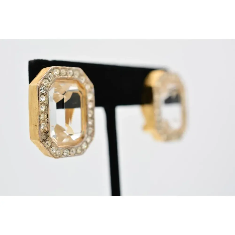 Vintage Crystal Clip On Earrings Peach Rhinestone Baguette Gold Chunky 1980s 9L